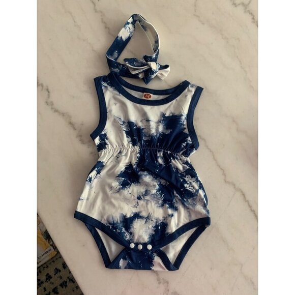 Baby Girls Tie-Dye Sleeveless Romper With Matching Headband Navy & White Size 74 - Picture 3 of 3